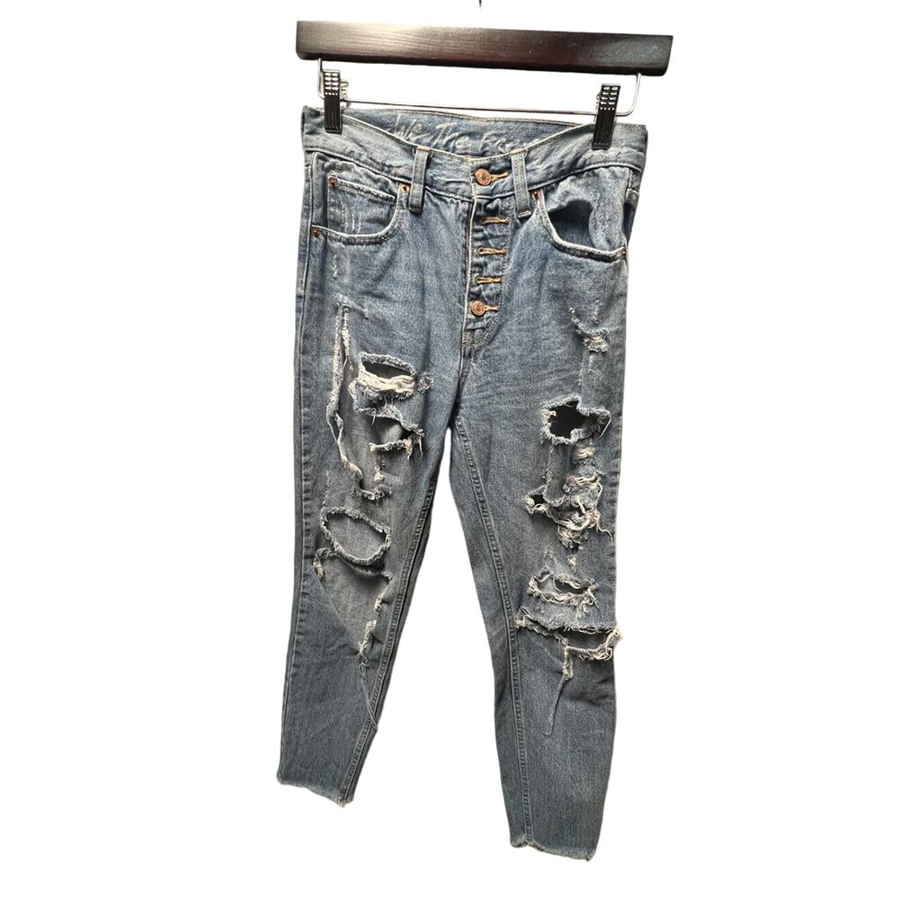 Free People 24 Mom Jean Blue Medium Wash Denim High Rise‎ Crop Distressed